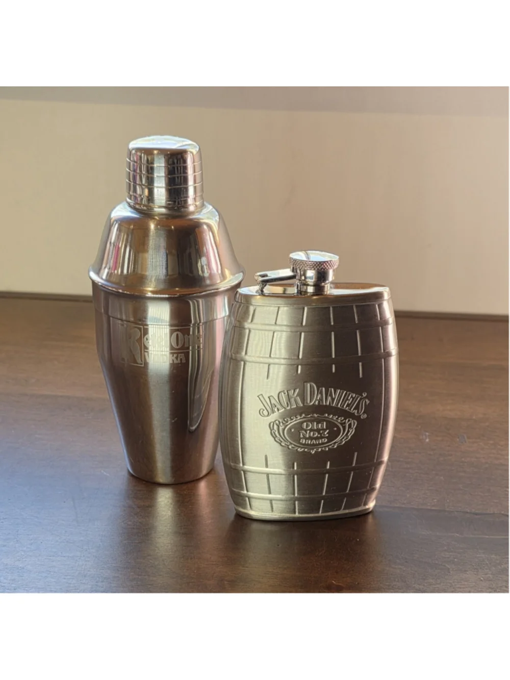 Jack Daniels Stainless Steel 6oz Barrel Shaped Flask Ketel One Bev Shaker Set